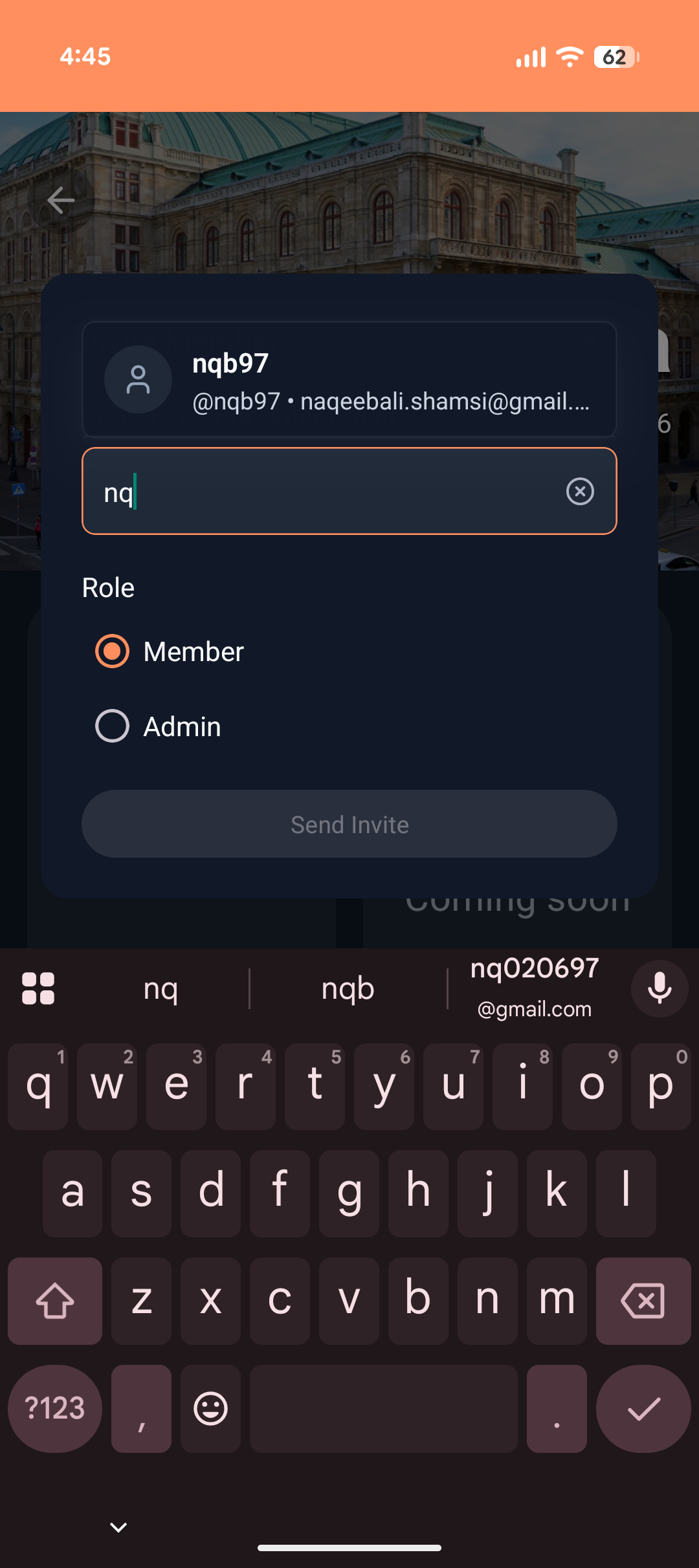 NomadCrew Invite Member screen