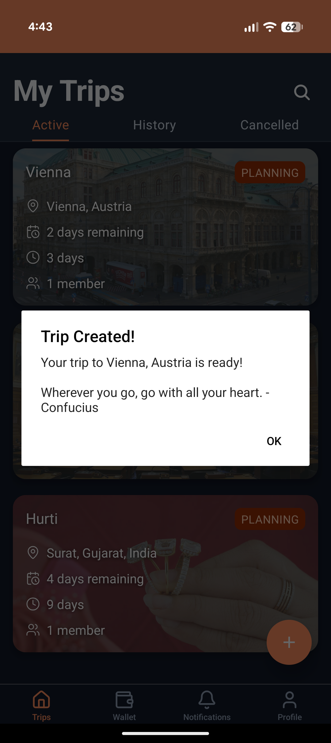 NomadCrew Trip List screen